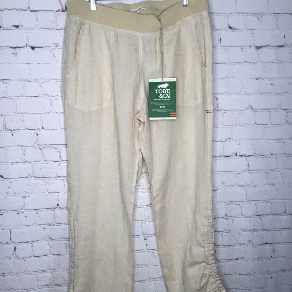 Toad & Co Women's Linen Lina Pants Drawstring Pockets Rushed Ankle Size L